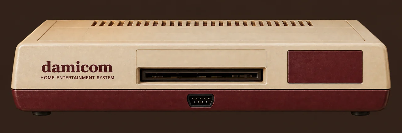 Damicom home entertainment system, in cream plastic and burgundy